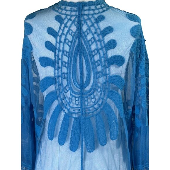 Rebellione Size M /L Long Blue Sheer Cover Up Kimono With Embroidered Floral - Picture 6 of 11